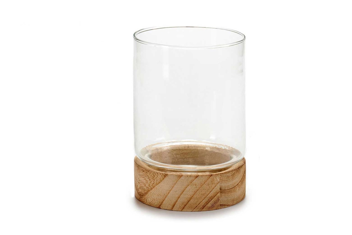 Glass Candleholder Wood Medium