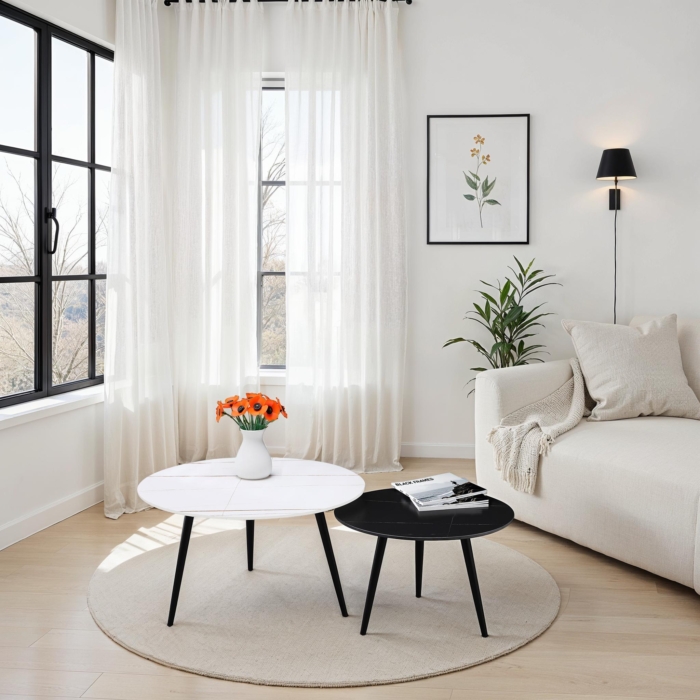 Coffee Table 2pc White+black Marble