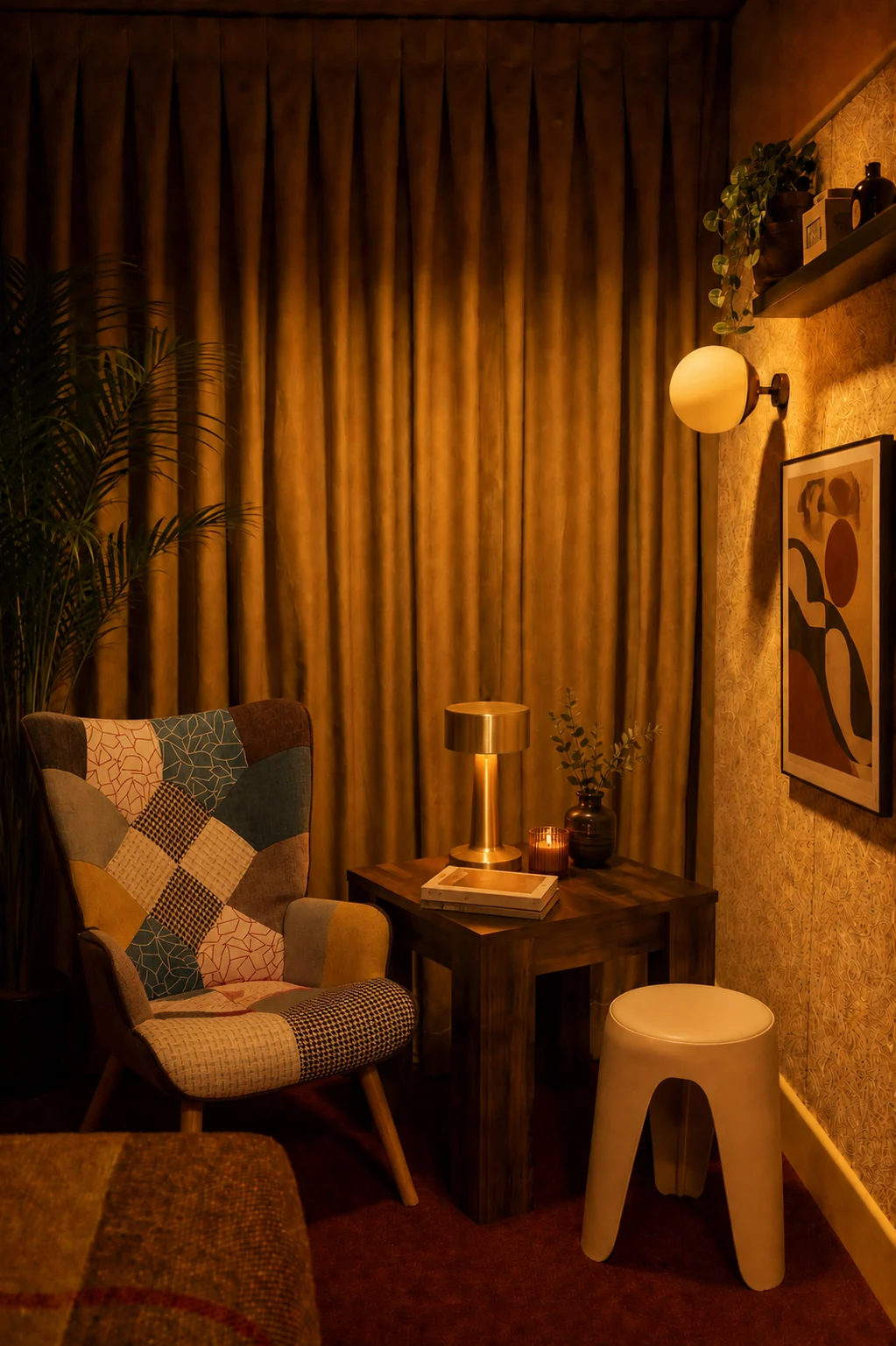 Retro student-room mood with a PATCHY chair, DINO table, PETAL stool and Halto lamp